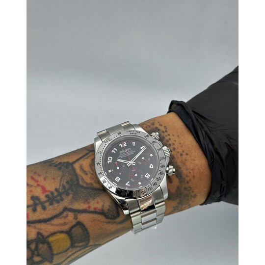Custom Seiko Mod • Steel Black Arabic Numeral Daytona • 39.5mm